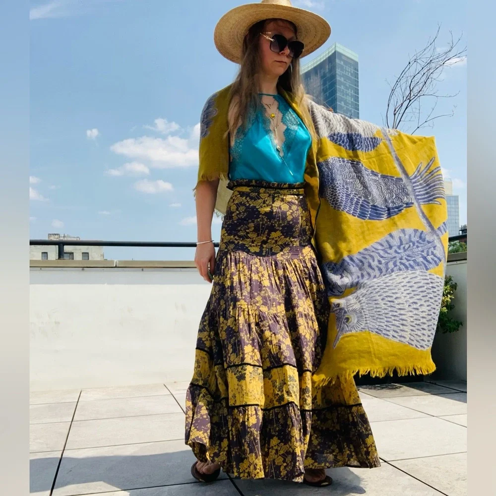 Inouïtoosh Wool Mustard Owl Cat Fringed Blanket Scarf Dupatta
